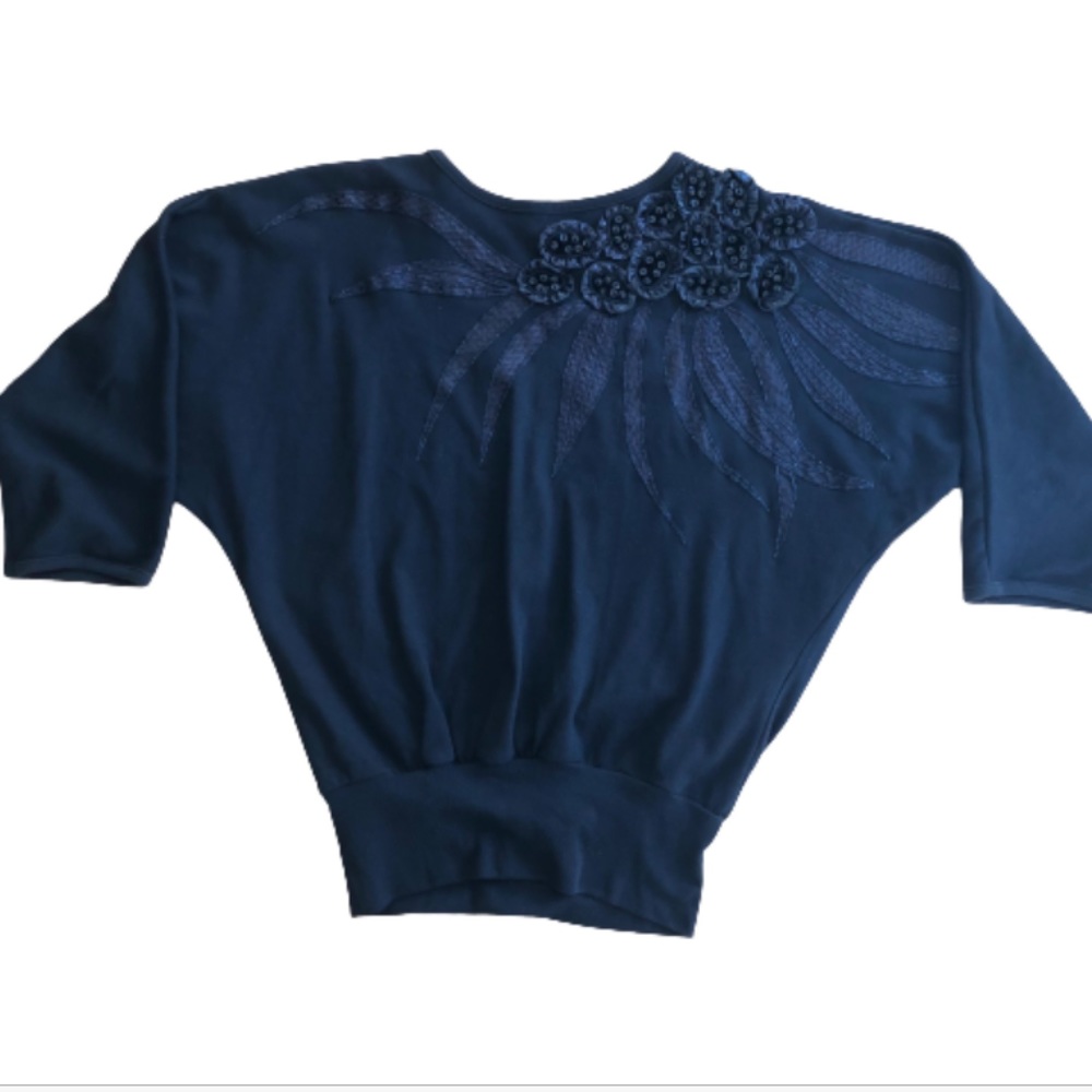 Vintage 80s Black Sweatshirt Batwing Beaded Sequins Flower Appliqué Decorative - Picture 3 of 14